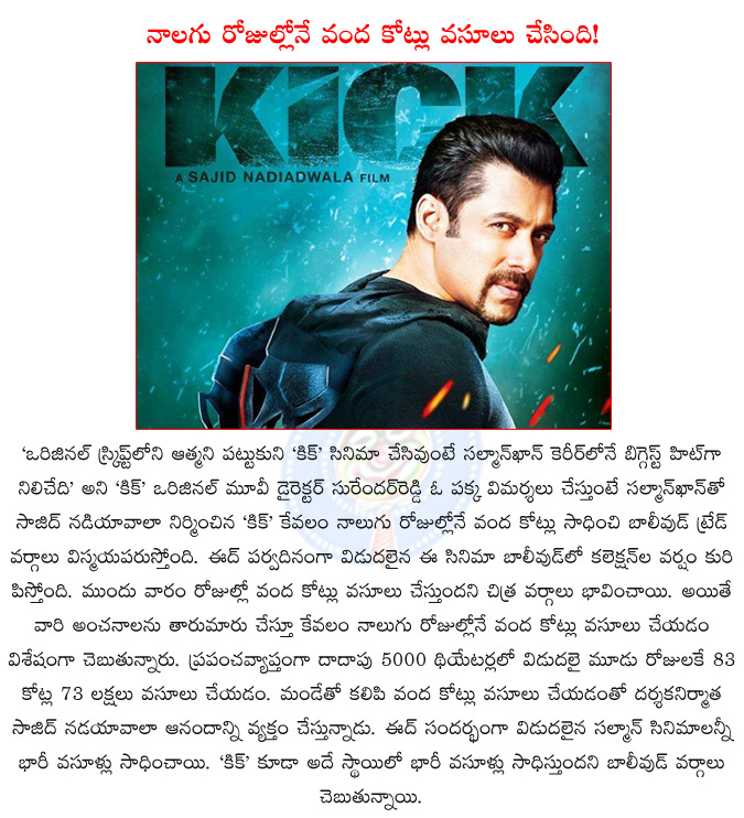 kick,raviteja kick,salmankhan kick,surender reddy,surender reddy disappointed watching kick remake,kick movie 4 days box office collections 100 cr,sajid nadiadwala,kick crossed 100 crores,  kick, raviteja kick, salmankhan kick, surender reddy, surender reddy disappointed watching kick remake, kick movie 4 days box office collections 100 cr, sajid nadiadwala, kick crossed 100 crores, 